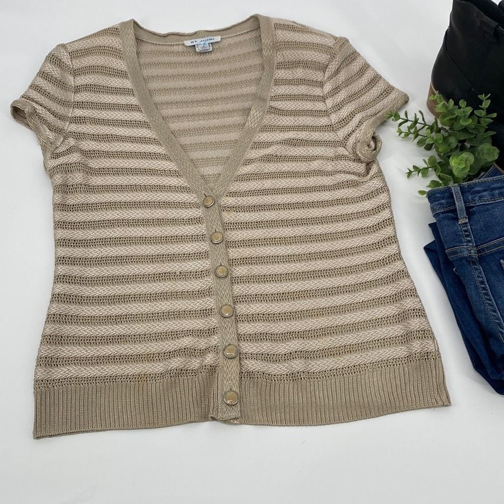 ST JOHN Plunging Neckline Knit Short Sleeve Sweater Button Front Beige Large